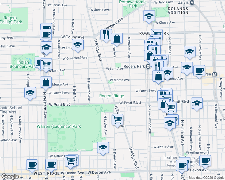map of restaurants, bars, coffee shops, grocery stores, and more near 6826 North Ridge Boulevard in Chicago