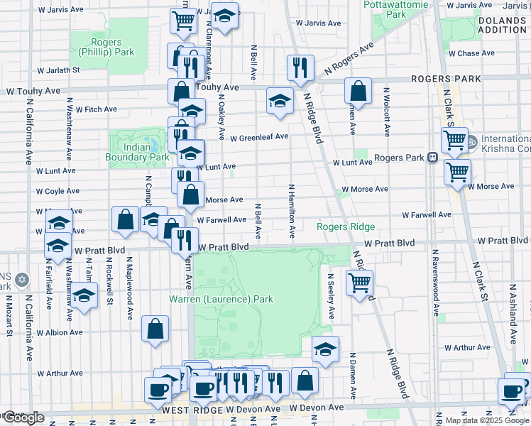 map of restaurants, bars, coffee shops, grocery stores, and more near 2139 West Farwell Avenue in Chicago