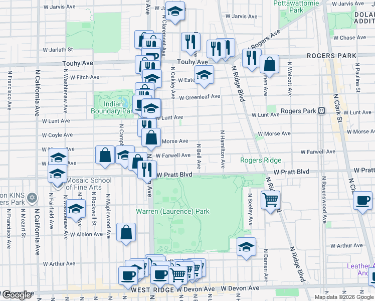 map of restaurants, bars, coffee shops, grocery stores, and more near 2223 West Farwell Avenue in Chicago