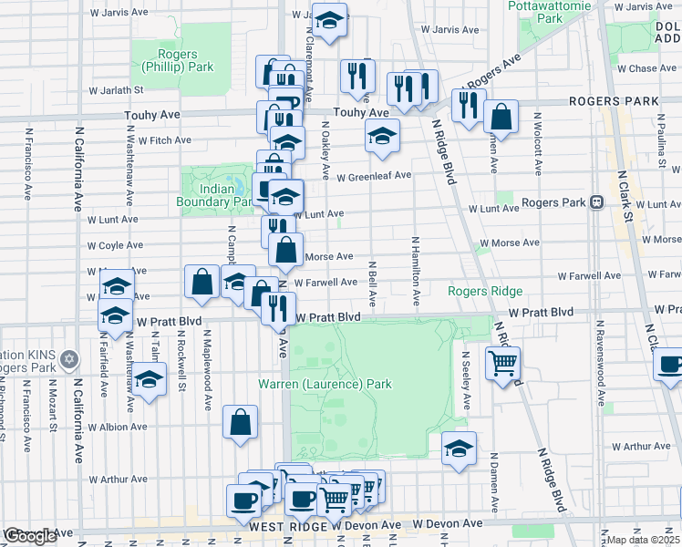 map of restaurants, bars, coffee shops, grocery stores, and more near 2223 West Farwell Avenue in Chicago