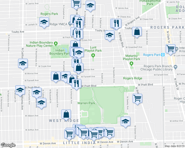 map of restaurants, bars, coffee shops, grocery stores, and more near 2223 West Farwell Avenue in Chicago