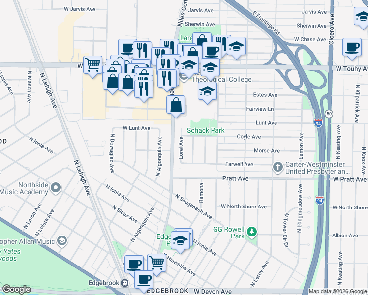 map of restaurants, bars, coffee shops, grocery stores, and more near 6843 Lorel Avenue in Skokie