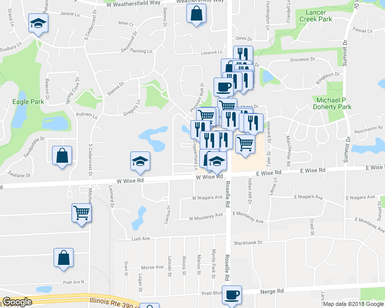 map of restaurants, bars, coffee shops, grocery stores, and more near 1156 Copperfield Lane in Schaumburg