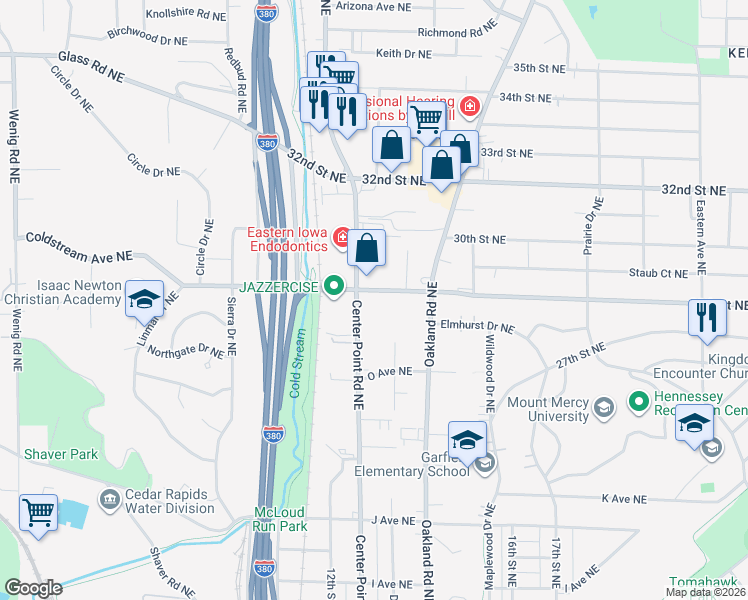 map of restaurants, bars, coffee shops, grocery stores, and more near 1708 Center Point Road Northeast in Cedar Rapids