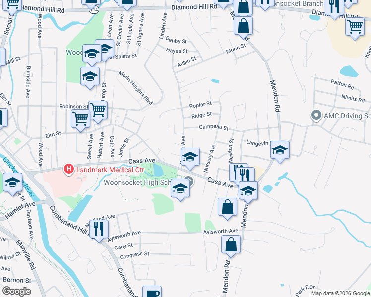 map of restaurants, bars, coffee shops, grocery stores, and more near 43 Beacon Avenue in Woonsocket