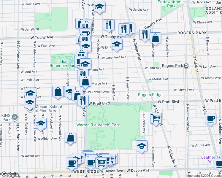 map of restaurants, bars, coffee shops, grocery stores, and more near 2223 West Farwell Avenue in Chicago