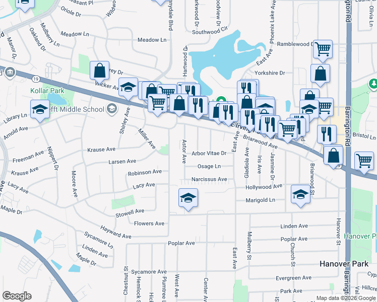 map of restaurants, bars, coffee shops, grocery stores, and more near 2130 Osage Lane in Hanover Park