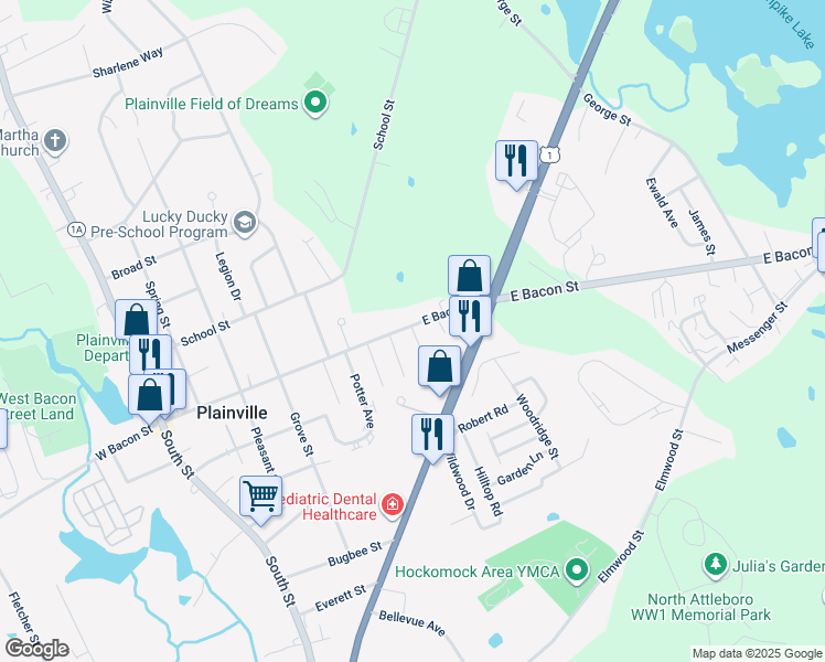 map of restaurants, bars, coffee shops, grocery stores, and more near 115 East Bacon Street in Plainville