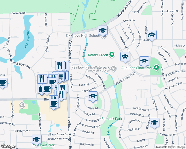 map of restaurants, bars, coffee shops, grocery stores, and more near 823 Milbeck Avenue in Elk Grove Village
