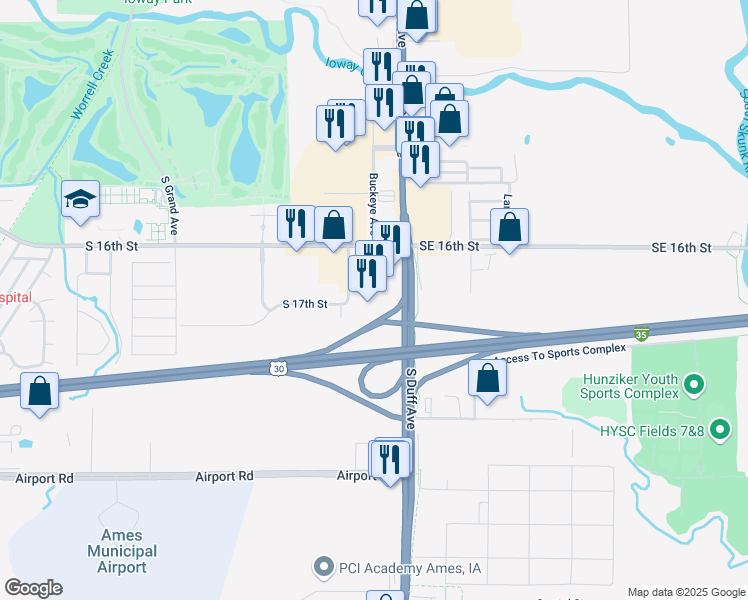 map of restaurants, bars, coffee shops, grocery stores, and more near S Duff Ave in Ames