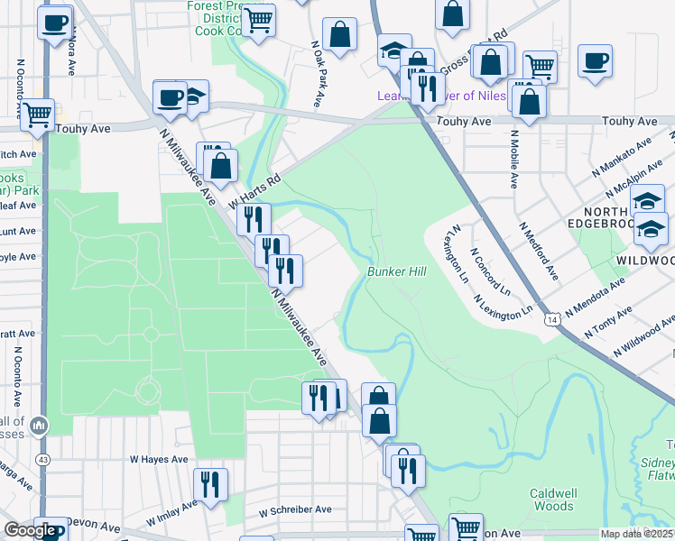 map of restaurants, bars, coffee shops, grocery stores, and more near 6807 North Milwaukee Avenue in Niles