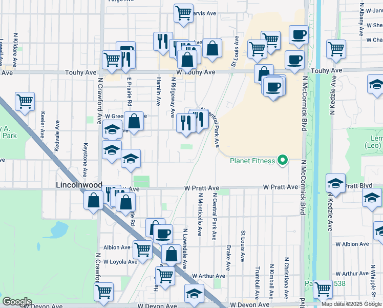 map of restaurants, bars, coffee shops, grocery stores, and more near 3705 Morse Avenue in Lincolnwood
