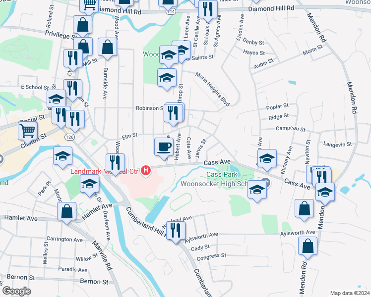 map of restaurants, bars, coffee shops, grocery stores, and more near 25 Cote Avenue in Woonsocket