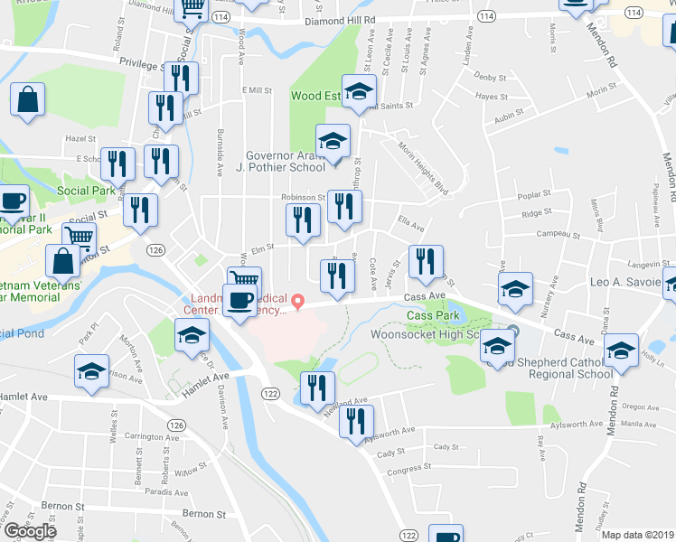 map of restaurants, bars, coffee shops, grocery stores, and more near 19 Hebert Avenue in Woonsocket