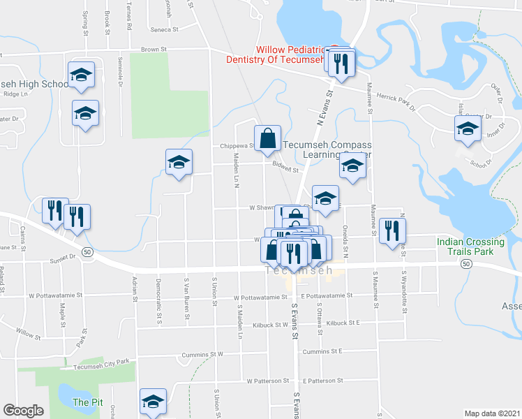 map of restaurants, bars, coffee shops, grocery stores, and more near 209 North Pearl Street in Tecumseh