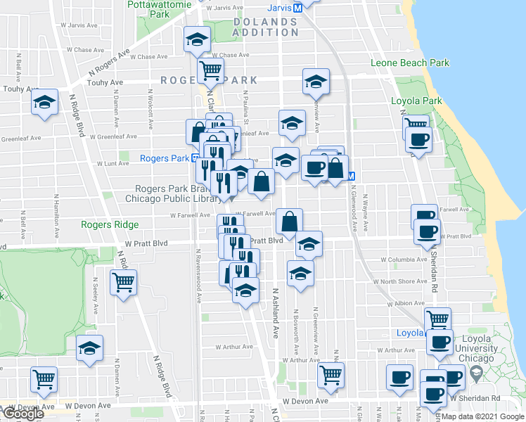 map of restaurants, bars, coffee shops, grocery stores, and more near 1648 West Pratt Boulevard in Chicago