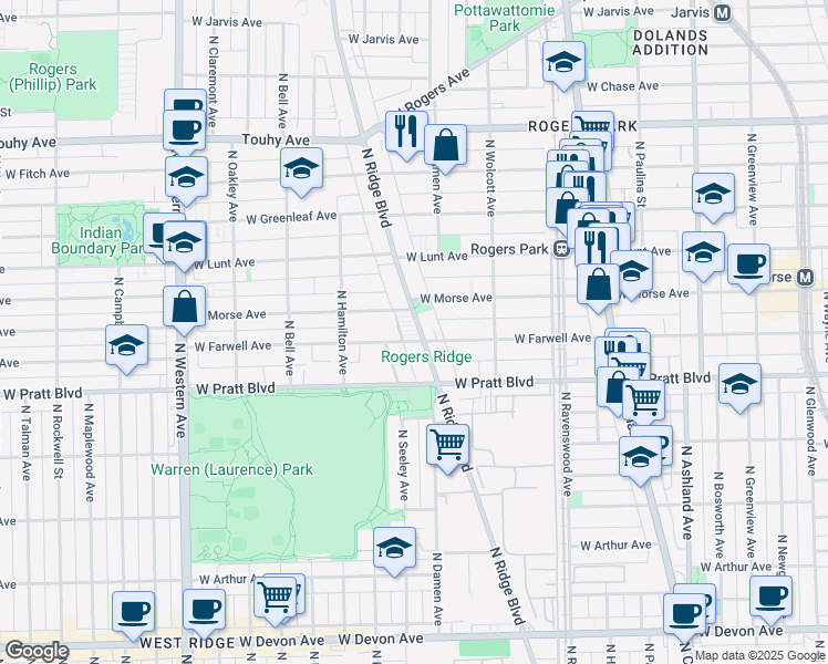 map of restaurants, bars, coffee shops, grocery stores, and more near 6826 North Ridge Boulevard in Chicago