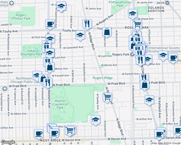 map of restaurants, bars, coffee shops, grocery stores, and more near 2047 West Farwell Avenue in Chicago