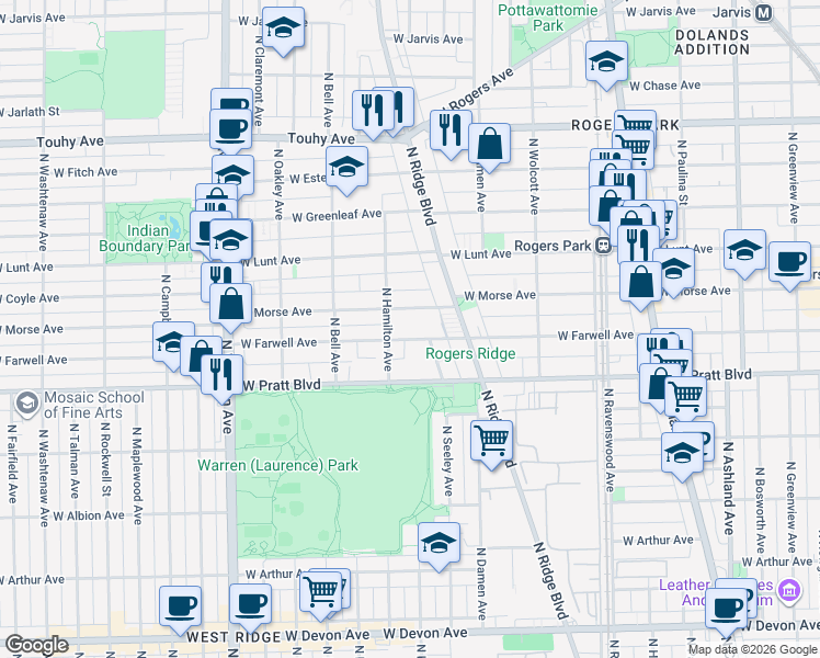 map of restaurants, bars, coffee shops, grocery stores, and more near 2047 West Farwell Avenue in Chicago