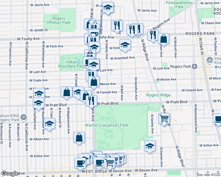 map of restaurants, bars, coffee shops, grocery stores, and more near 2223 West Farwell Avenue in Chicago