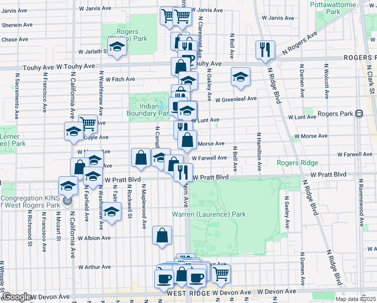 map of restaurants, bars, coffee shops, grocery stores, and more near 6834 North Western Avenue in Chicago