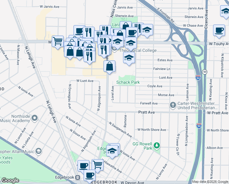 map of restaurants, bars, coffee shops, grocery stores, and more near 6843 Lorel Avenue in Skokie