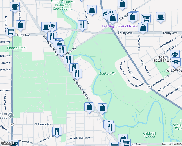 map of restaurants, bars, coffee shops, grocery stores, and more near 6807 North Milwaukee Avenue in Niles