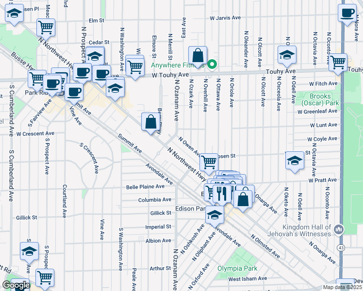 map of restaurants, bars, coffee shops, grocery stores, and more near 6863 North Northwest Highway in Chicago