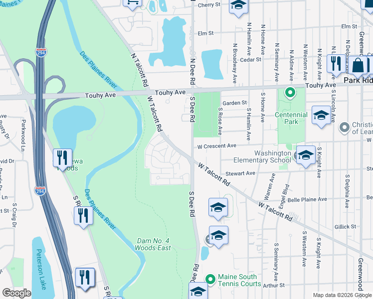 map of restaurants, bars, coffee shops, grocery stores, and more near 201 Ascot Drive in Park Ridge