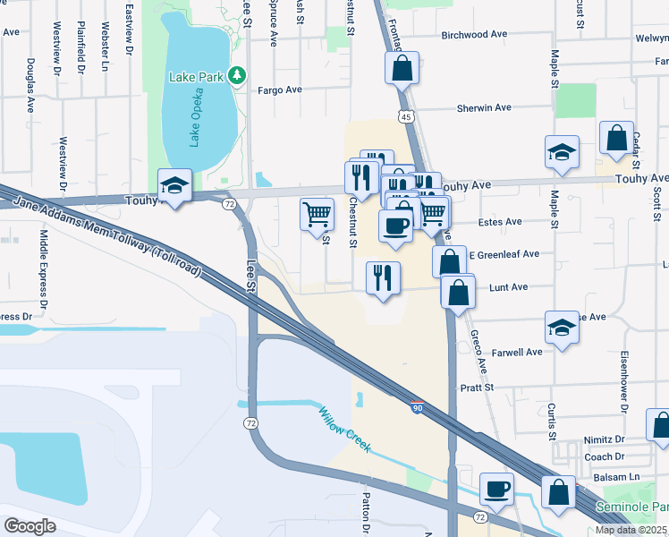 map of restaurants, bars, coffee shops, grocery stores, and more near 10459 Ethel Court in Rosemont