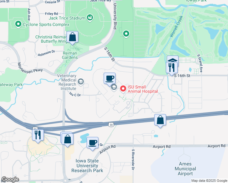 map of restaurants, bars, coffee shops, grocery stores, and more near 1800 Christensen Drive in Ames
