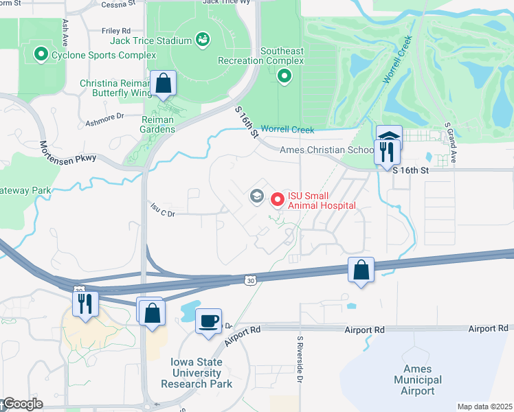 map of restaurants, bars, coffee shops, grocery stores, and more near 1800 Christensen Drive in Ames