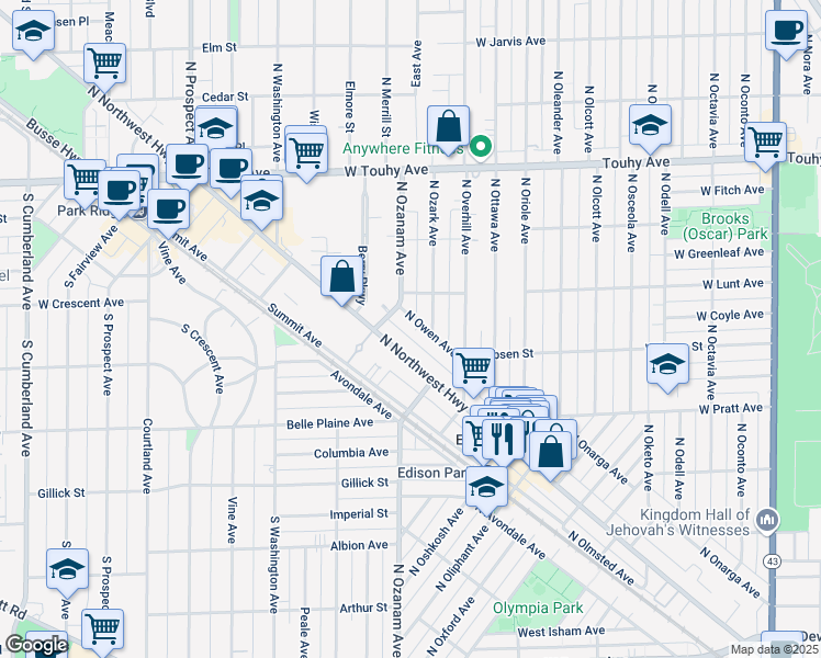 map of restaurants, bars, coffee shops, grocery stores, and more near 6863 North Northwest Highway in Chicago