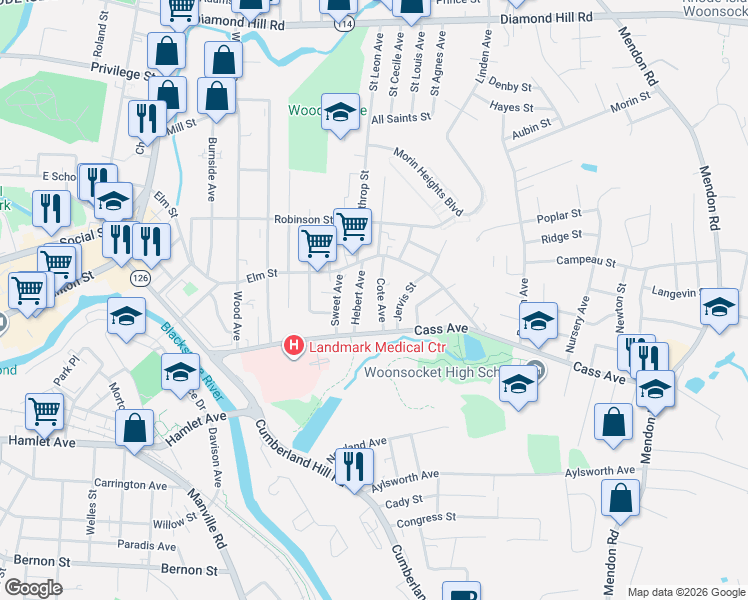 map of restaurants, bars, coffee shops, grocery stores, and more near 25 Cote Avenue in Woonsocket