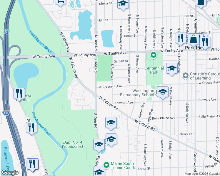 map of restaurants, bars, coffee shops, grocery stores, and more near 2101 West Talcott Road in Park Ridge
