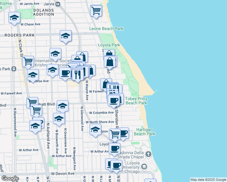 map of restaurants, bars, coffee shops, grocery stores, and more near N Sheridan Rd & W Farwell Ave in Chicago