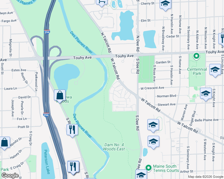 map of restaurants, bars, coffee shops, grocery stores, and more near 300 Thames Parkway in Park Ridge