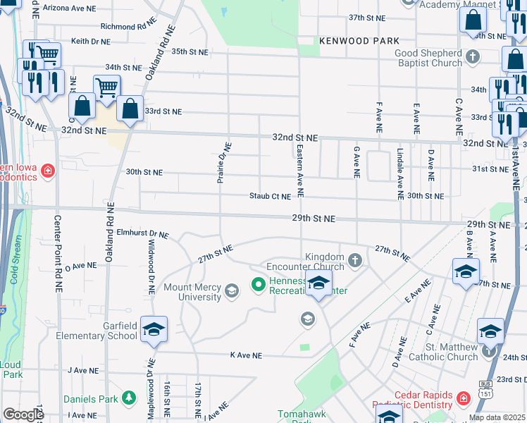 map of restaurants, bars, coffee shops, grocery stores, and more near 1048 29th Street Northeast in Cedar Rapids