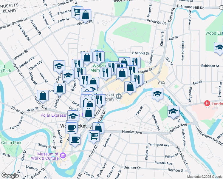 map of restaurants, bars, coffee shops, grocery stores, and more near in Woonsocket