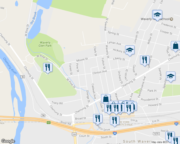 map of restaurants, bars, coffee shops, grocery stores, and more near 93 Clinton Avenue in Waverly