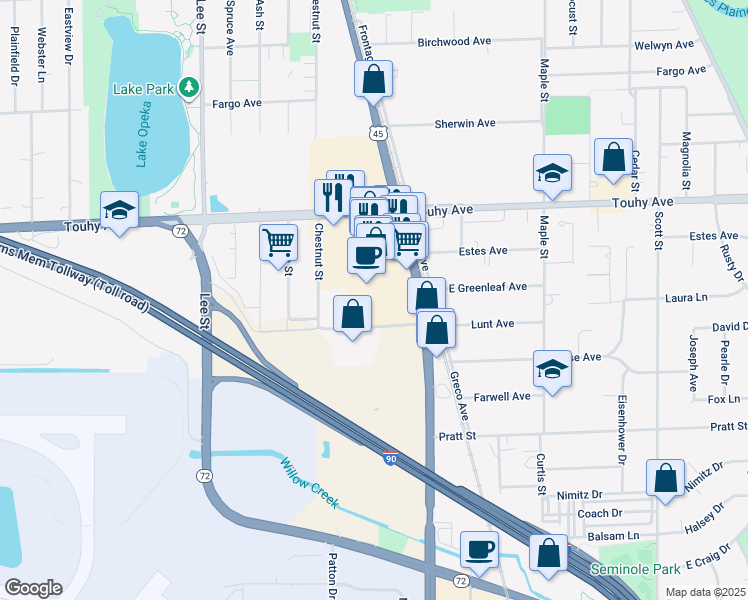 map of restaurants, bars, coffee shops, grocery stores, and more near 7000 Mannheim Road in Rosemont