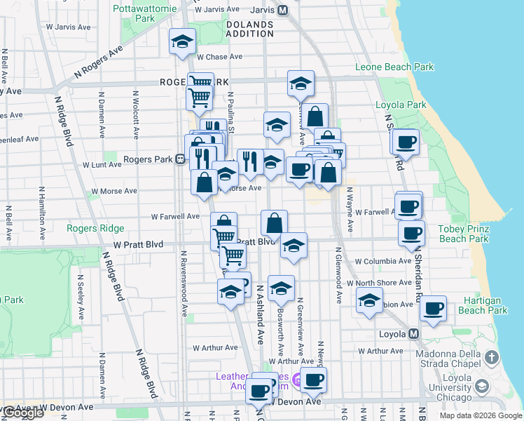 map of restaurants, bars, coffee shops, grocery stores, and more near 1606 West Farwell Avenue in Chicago