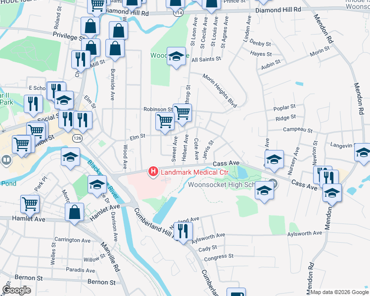 map of restaurants, bars, coffee shops, grocery stores, and more near 138 Hebert Avenue in Woonsocket