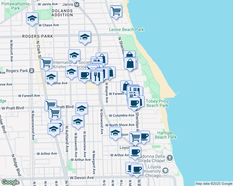 map of restaurants, bars, coffee shops, grocery stores, and more near 1225 West Morse Avenue in Chicago