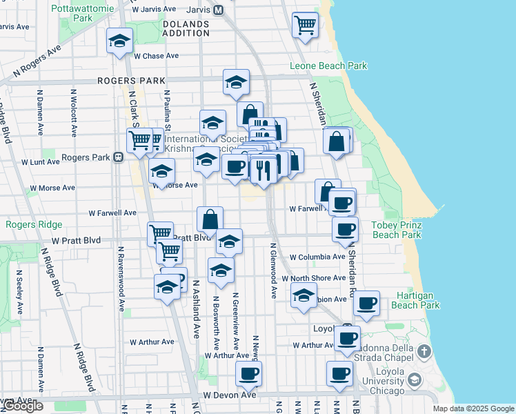 map of restaurants, bars, coffee shops, grocery stores, and more near 6930 North Glenwood Avenue in Chicago