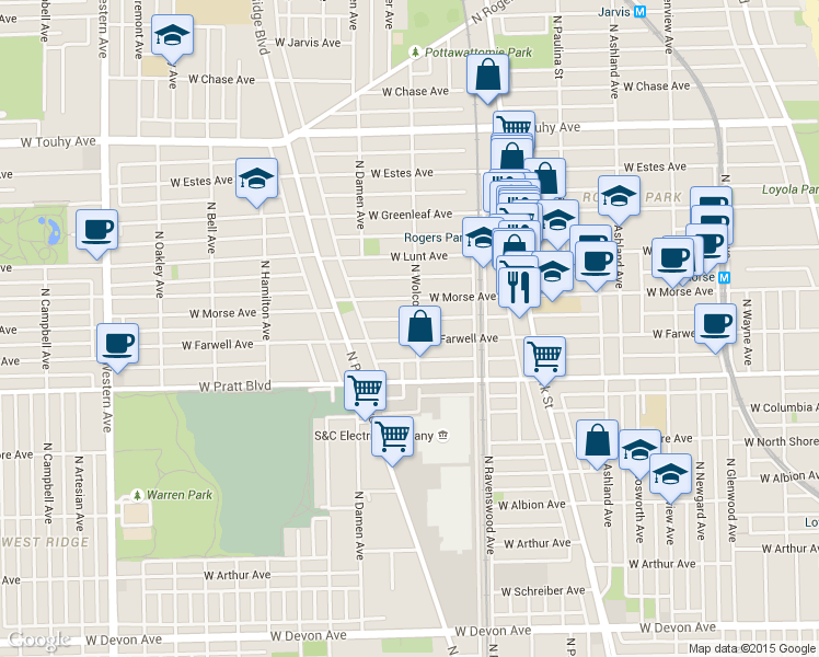 map of restaurants, bars, coffee shops, grocery stores, and more near 1853 West Morse Avenue in Chicago