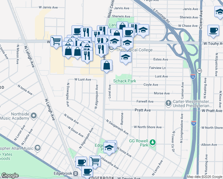 map of restaurants, bars, coffee shops, grocery stores, and more near 5320 Coyle Avenue in Skokie