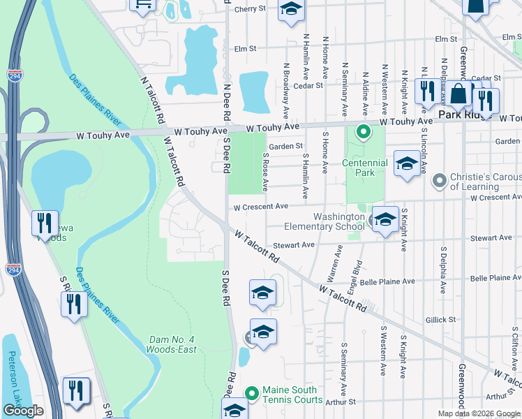 map of restaurants, bars, coffee shops, grocery stores, and more near 2101 West Talcott Road in Park Ridge
