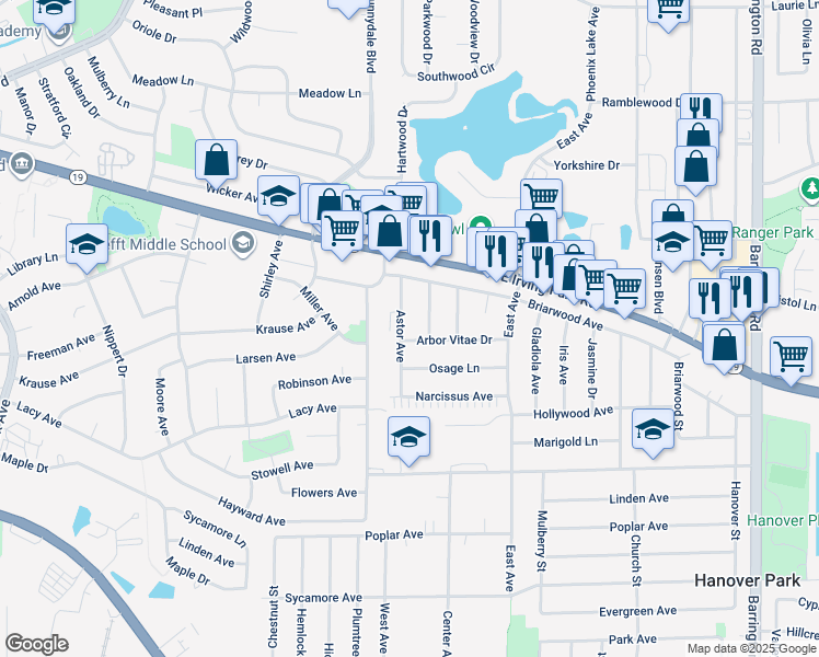 map of restaurants, bars, coffee shops, grocery stores, and more near 7441 Camelia Drive in Hanover Park
