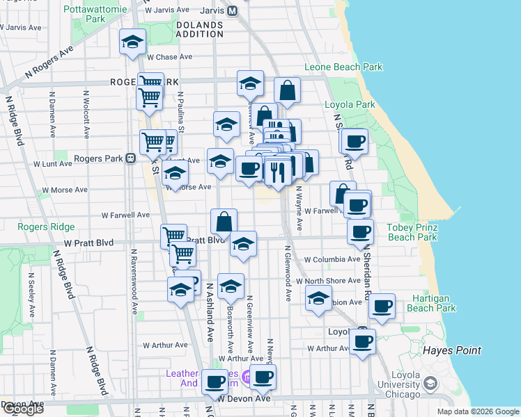 map of restaurants, bars, coffee shops, grocery stores, and more near 1440 West Farwell Avenue in Chicago